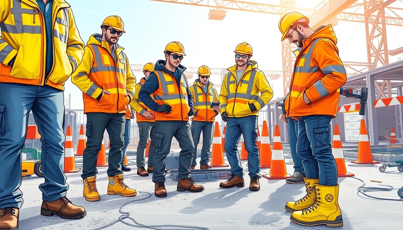 Professionals in diadora abbigliamento lavoro showcase high-visibility clothing and ergonomic safety wear.