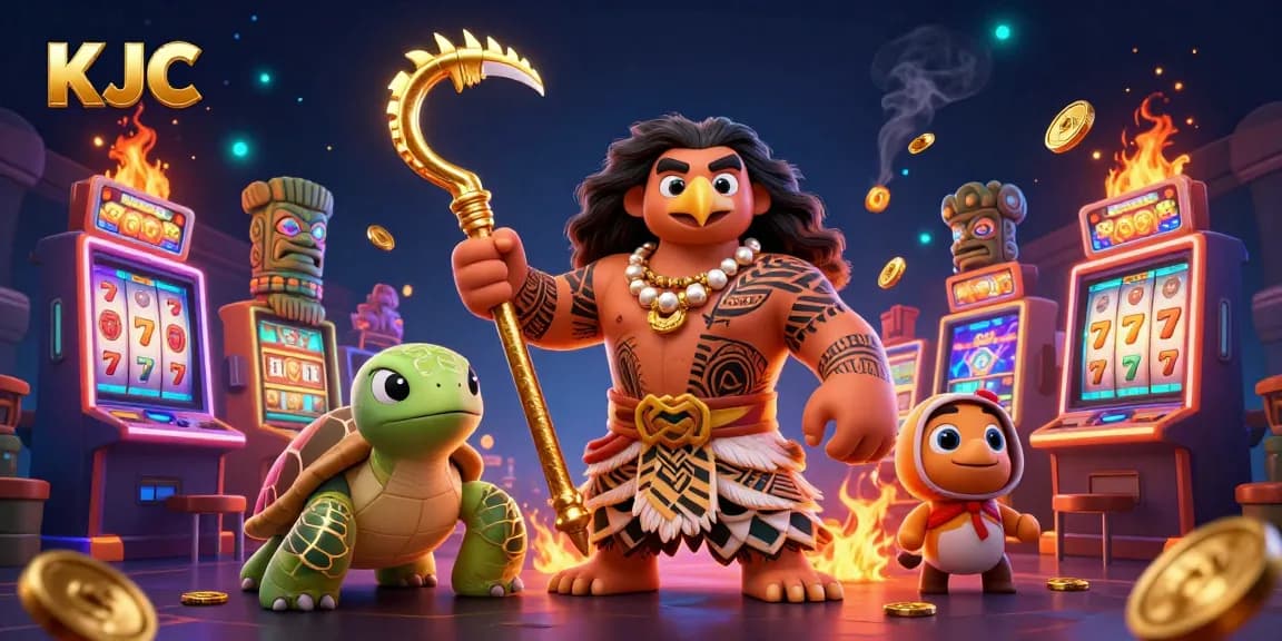 KJC offers thrilling slot game experiences with a colorful, vibrant illustration featuring a demigod and playful characters.