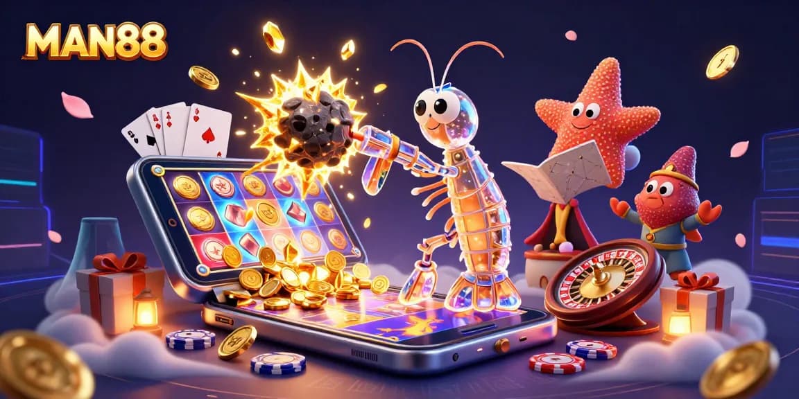 Experience excitement with MAN88 as a cosmic samurai mantis shrimp bursts gems and coins in a vibrant casino scene.