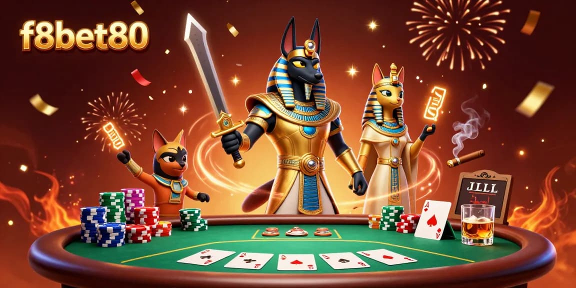 Experience thrilling poker action at f8bet80 with a dynamic 3D scene showcasing Anubis and Bastet.