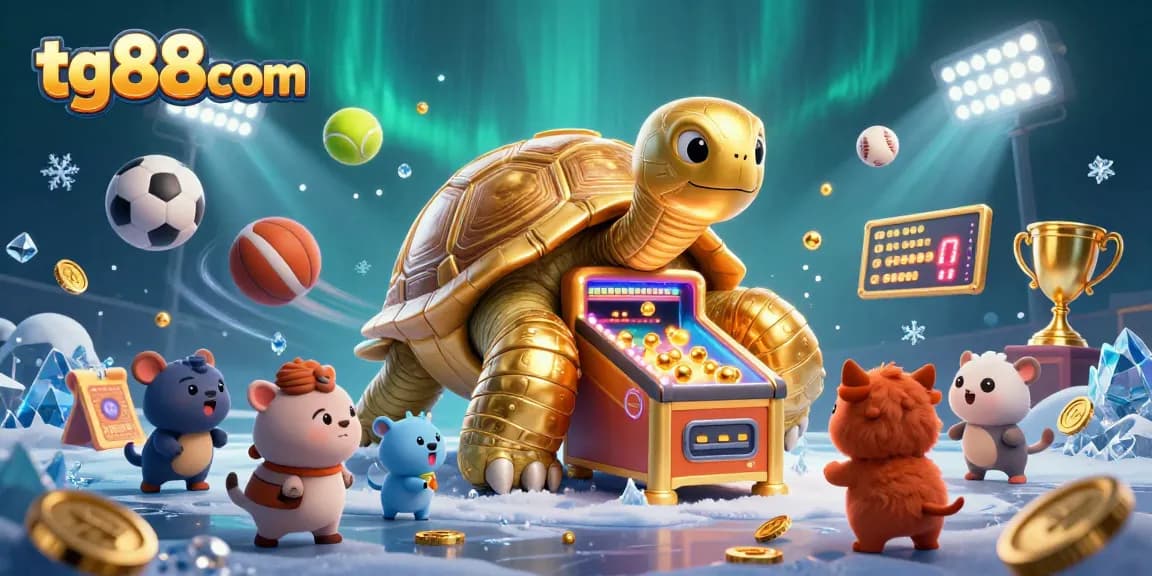 Play exciting games at tg88com, featuring a golden tortoise pinball machine and vibrant casino elements.