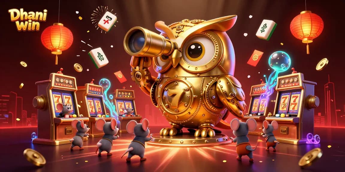 Experience Dhani win with a dynamic 3D casino scene featuring a golden owl and exciting slot machines.