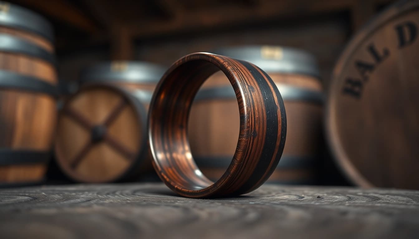 Showcasing a unique Whiskey Barrel Wedding Bands with distinctive wood grain details and rustic ambiance
