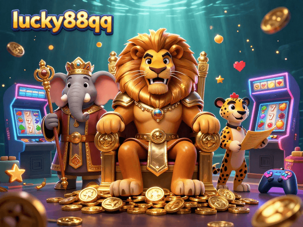 Experience thrilling moments at lucky88qq with vibrant slot reels, a lion king, and dazzling game elements.