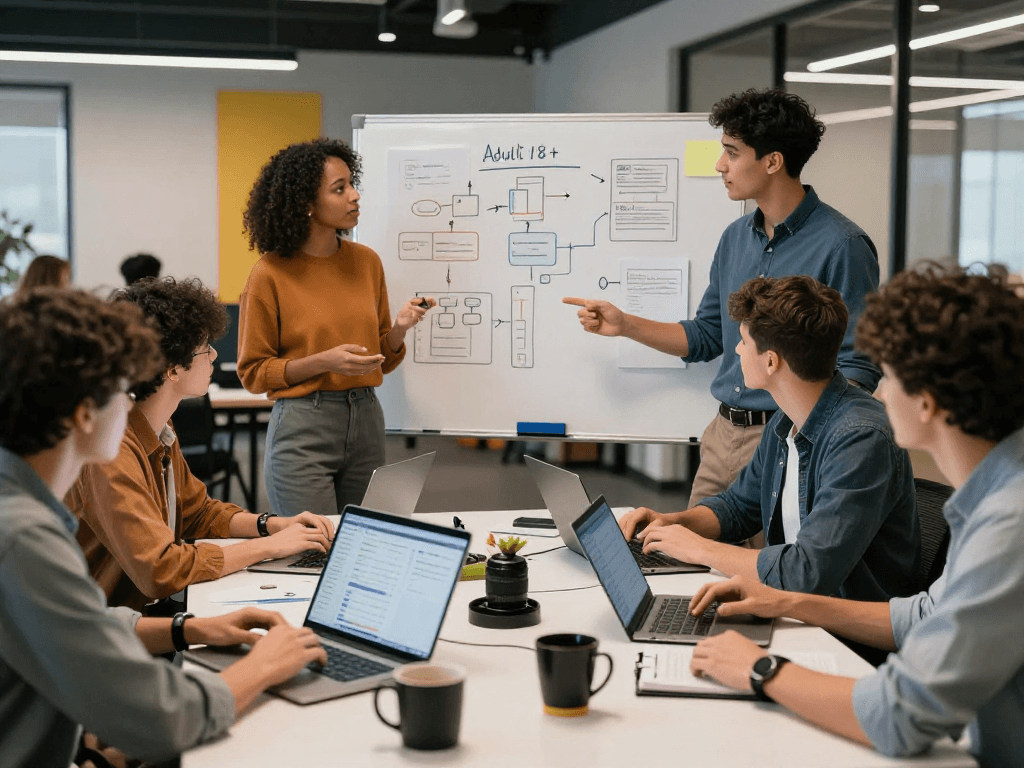 Young adults collaborating on AI 18+ projects in a modern office space.