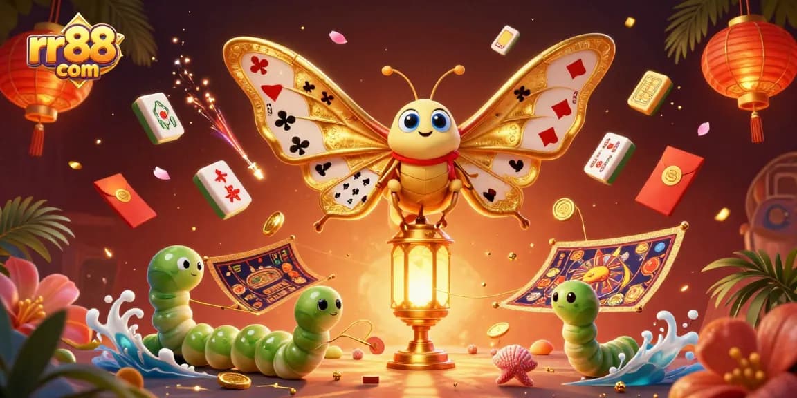 Experience the thrill of rr88 com with a vibrant casino scene featuring a majestic atlas moth and golden elements.
