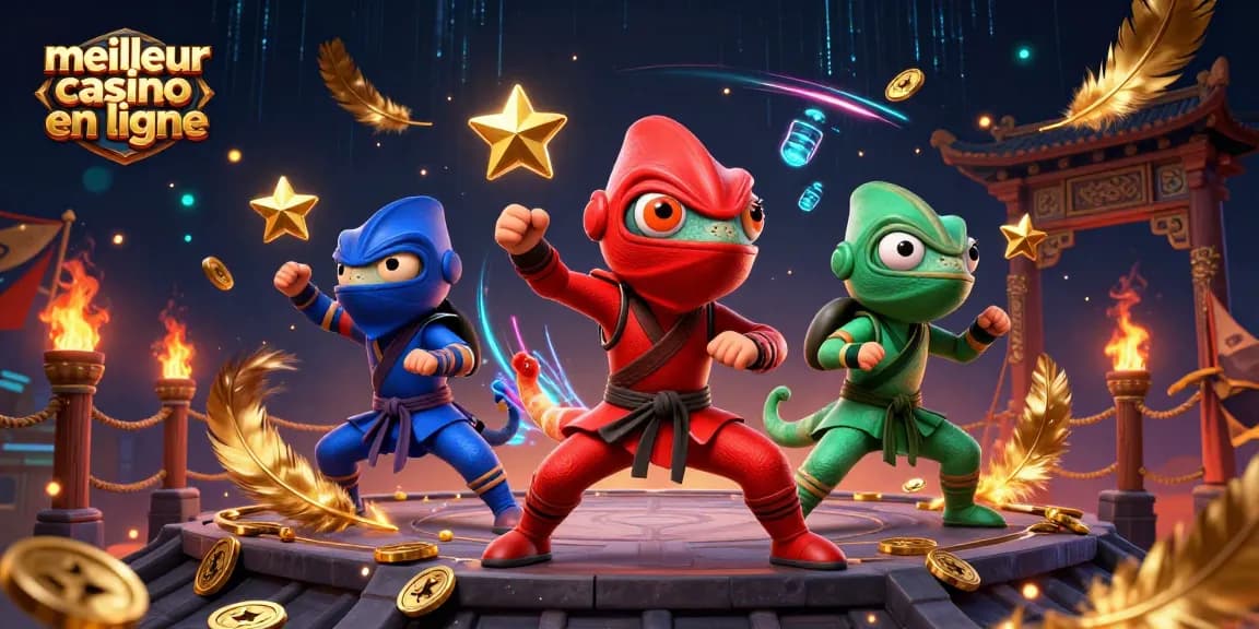 Le meilleur casino en ligne avec une équipe de caméléons ninja exécutant des poses martiales.