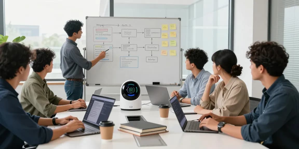 Team building internal tools with AI in a modern workspace, showcasing collaboration and technology integration.