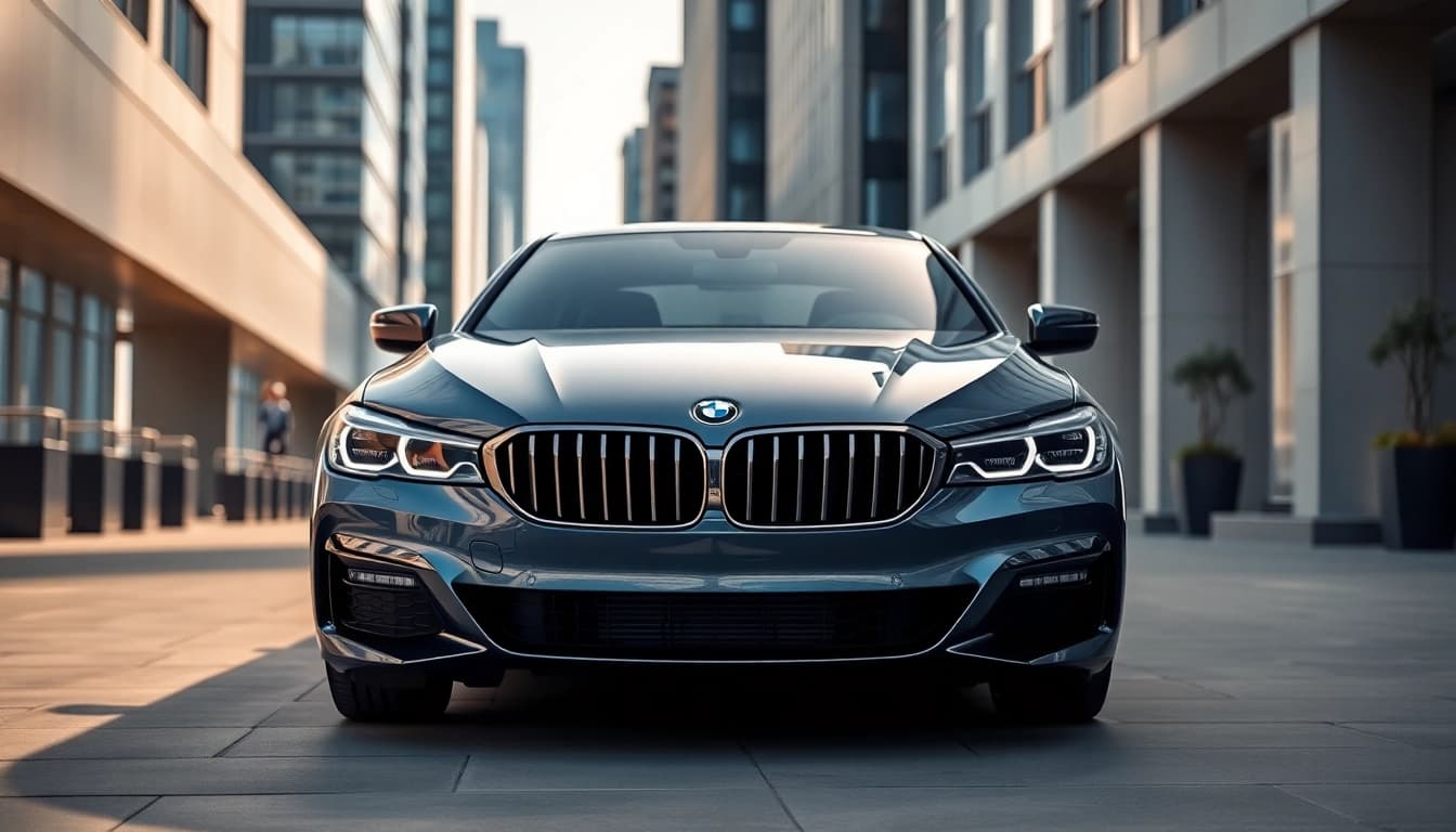 Captivating luxury BMW car shining under daylight, highlighting sophisticated design details.