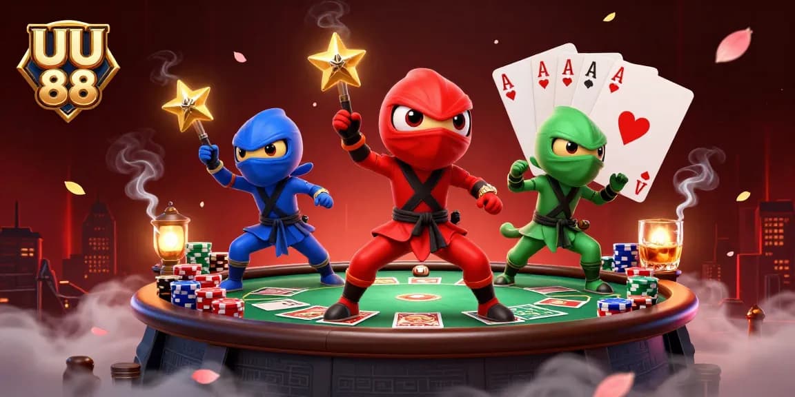 UU 88 showcases a dynamic chameleon team mastering poker with vibrant illustrations in a casino setting.