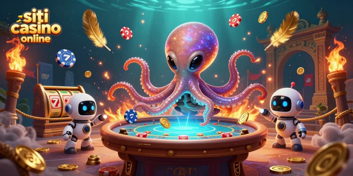 Gioca a siti casino online con il polpo alieno e il tavolo da poker olografico in un'atmosfera galattica.