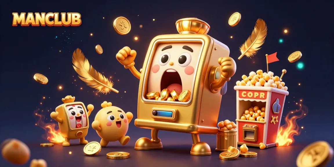 Experience the excitement of MANCLUB with a thrilling jackpot scene featuring slot machines and gold coins.
