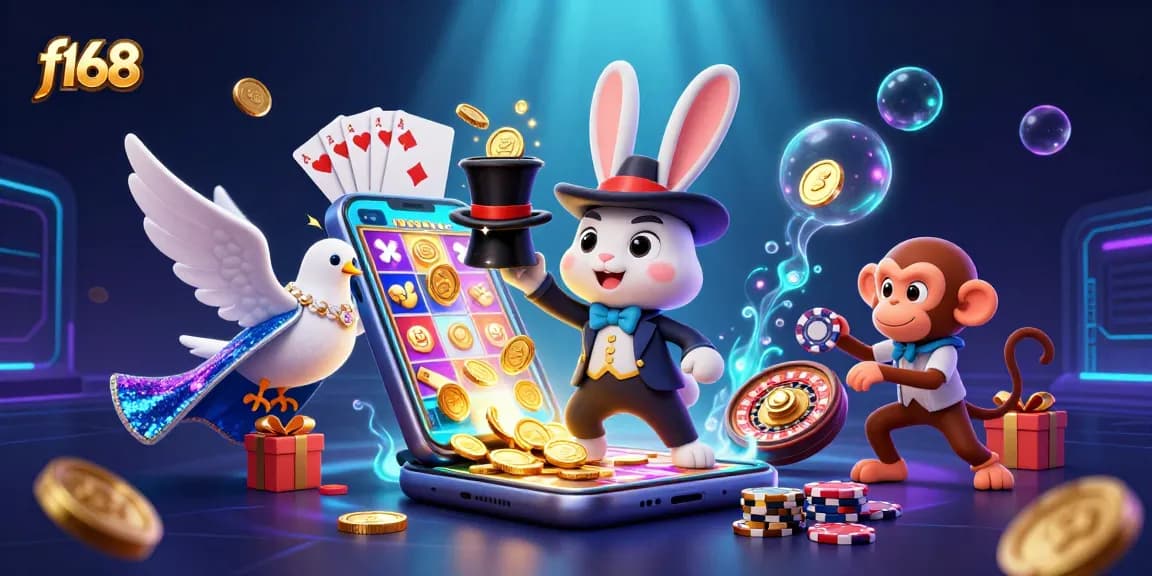 Win gold coins with f168 - A magician rabbit, sequined dove, and cheeky monkey at a lively casino scene.