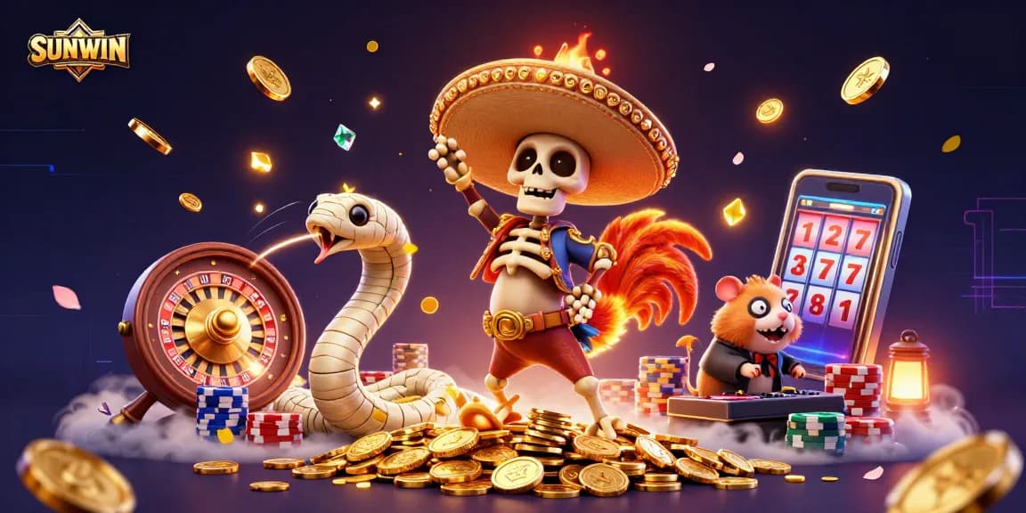 SUNWIN showcases a vibrant 3D casino scene with a dancing mariachi rooster, a mummy snake, and a DJ hamster.