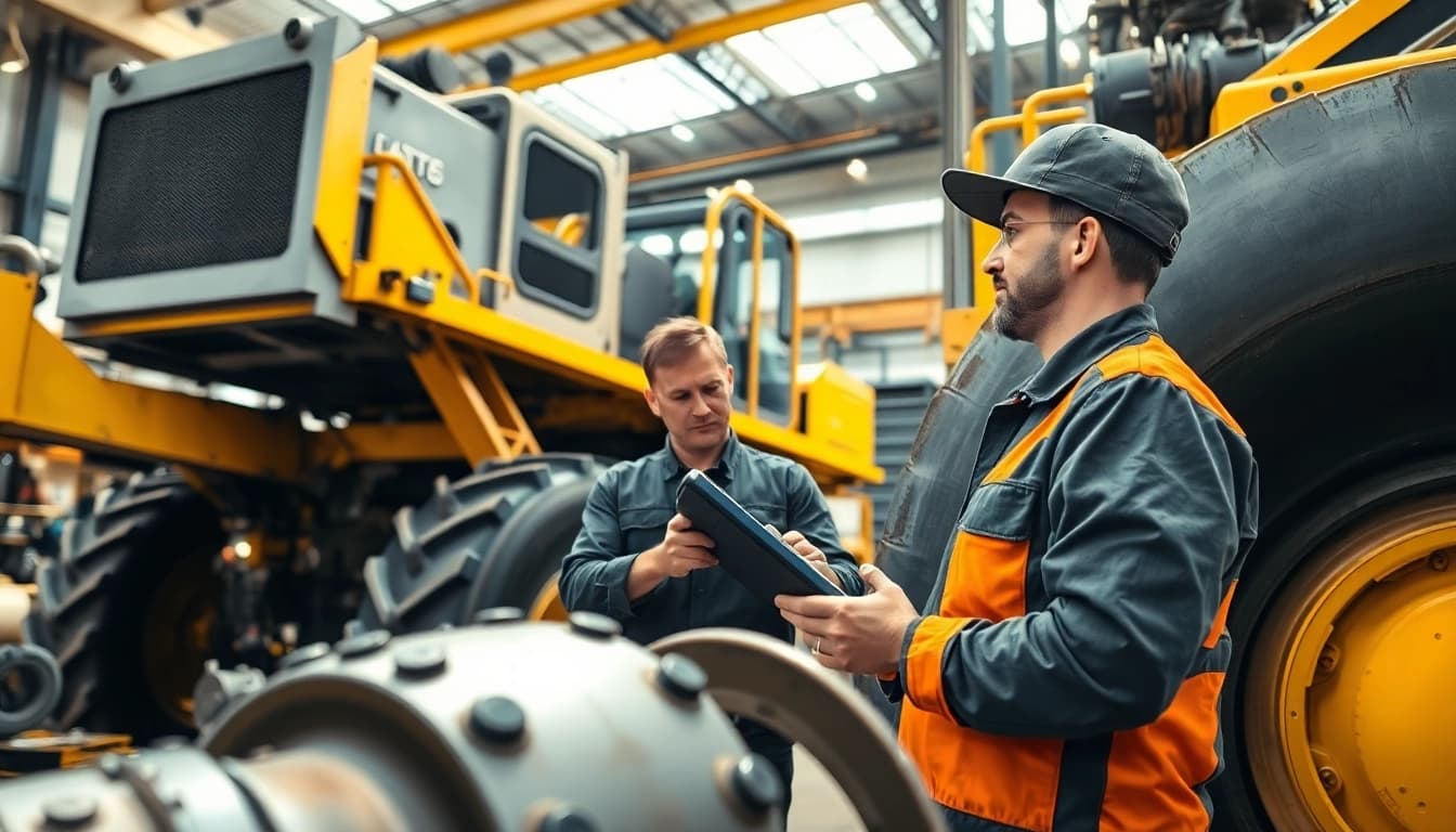 Prominent scene showcasing equipment service with a mechanic diagnosing machinery.