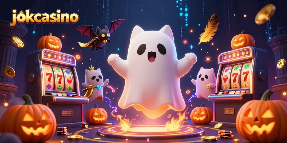 Engage with jokacasino's haunted adventure featuring a ghost cat and vampire bat at a lively slot machine scene.