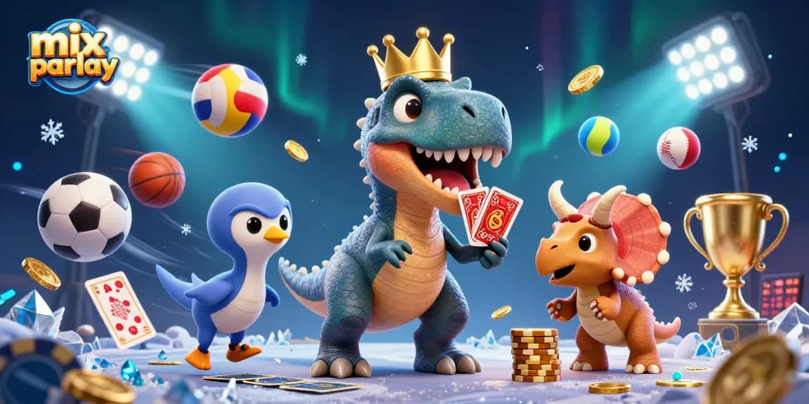 Engage in dynamic mix parlay betting with vibrant T-Rex, pterodactyl, and triceratops in action.