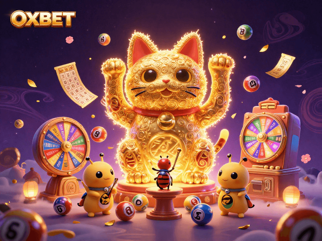 Experience exciting gaming fun with OXBET, featuring a vibrant lucky cat and colorful lottery elements.
