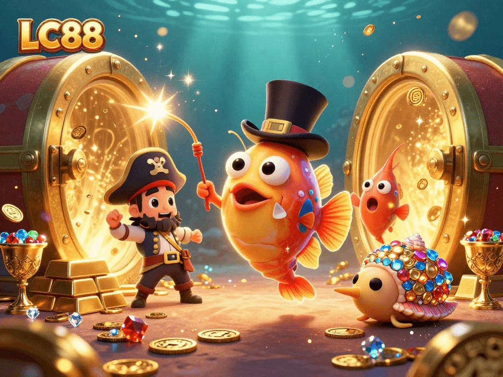 Experience the thrill of LC88 with a vibrant underwater casino scene featuring unique characters and jewels.