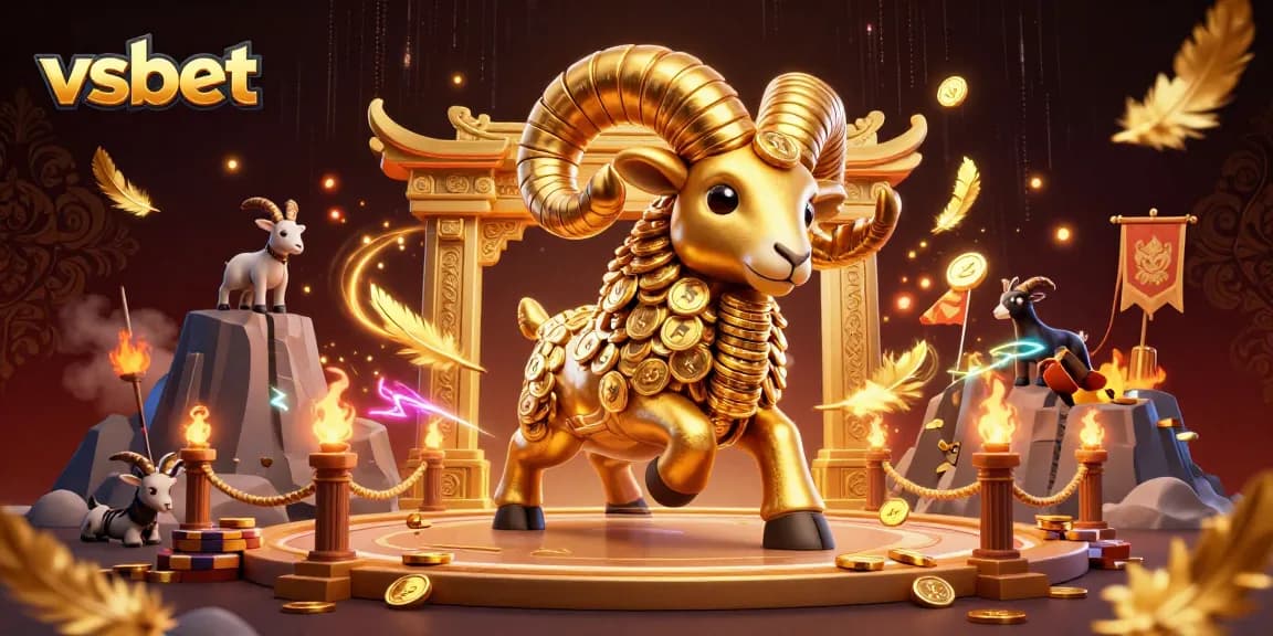 Engage in thrilling vsbet online casino action with a massive golden ram and stacked coins in a vibrant arena.