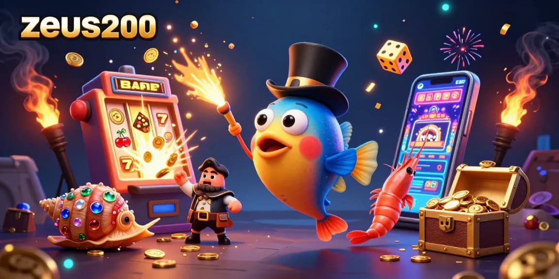 Gambarkan zeus200 saat memikat koin emas dengan ikan pemancing bertopi dan keong berharga di latar belakang kasino.