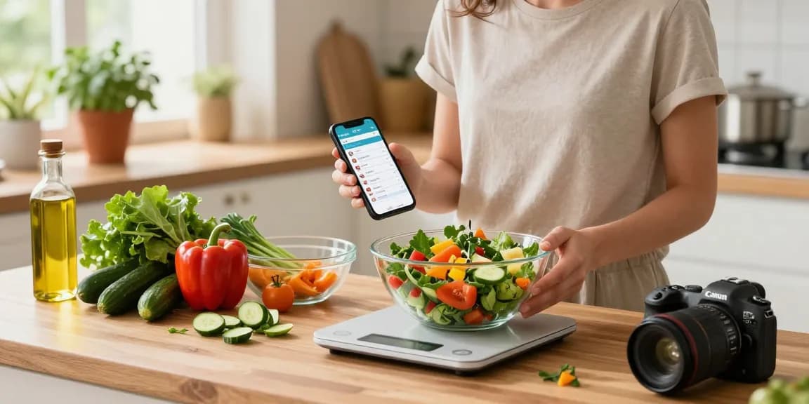 Using the best calorie tracking app to measure ingredients for a fresh salad in a bright kitchen.