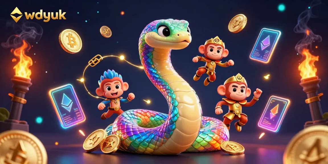 Experience thrilling crypto gaming with wdyuk's rainbow serpent and glowing 3D coin elements.
