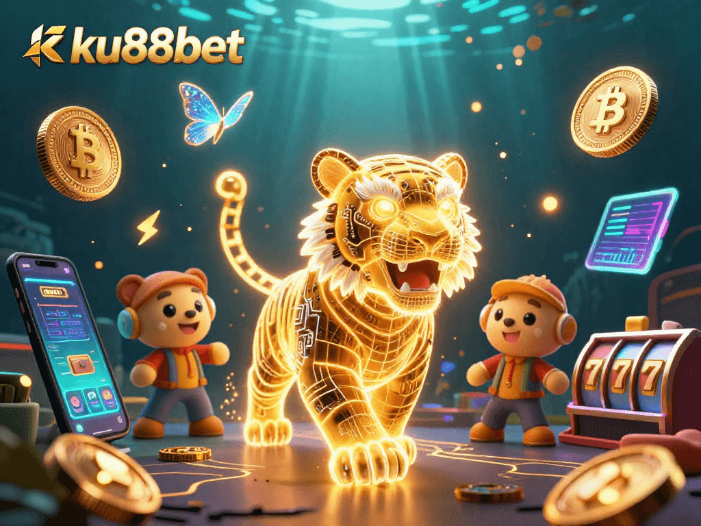 Engage with ku88bet's thrilling digital casino world, featuring vibrant characters and cryptocurrency elements.