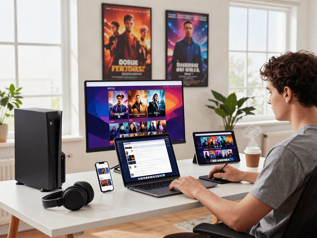 Pikashow APK download displayed on a sleek laptop in a modern workspace.