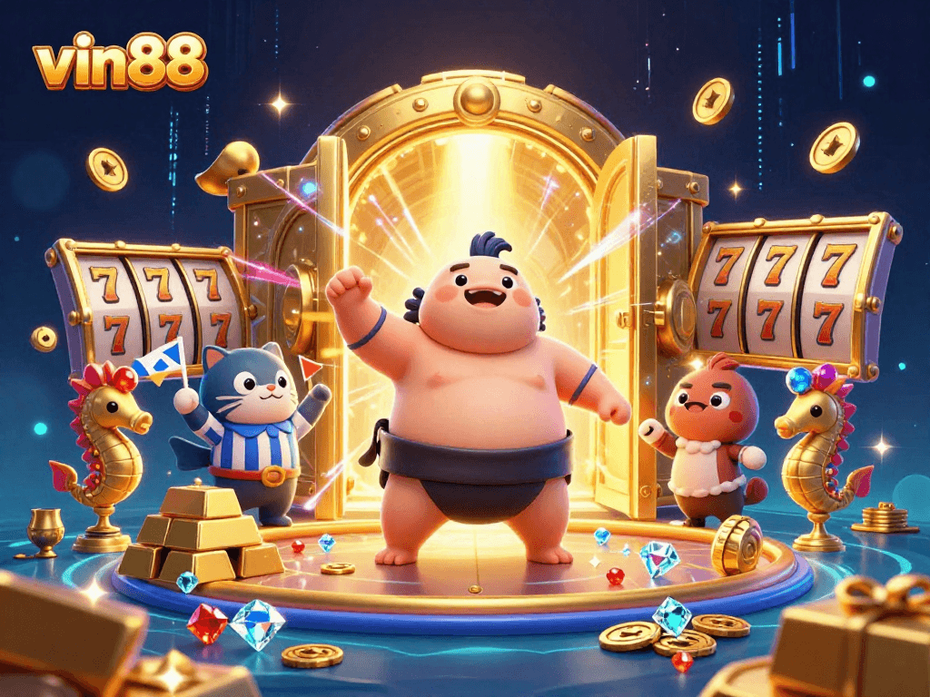 Engage with vin88's dynamic underwater casino scene featuring a giant fugu and treasure elements.