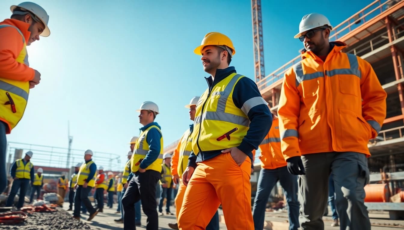 Workers engaged in tasks while wearing diadora abbigliamento lavoro gear on a construction site.