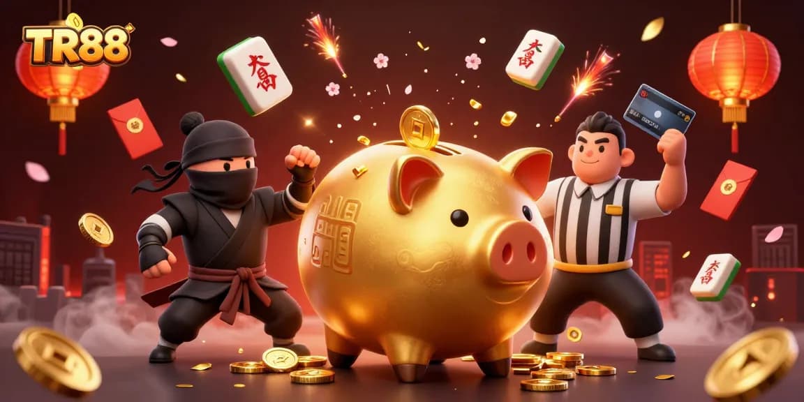 Experience excitement at TR88 with this dynamic scene featuring a piggy bank sumo wrestler surrounded by casino elements.