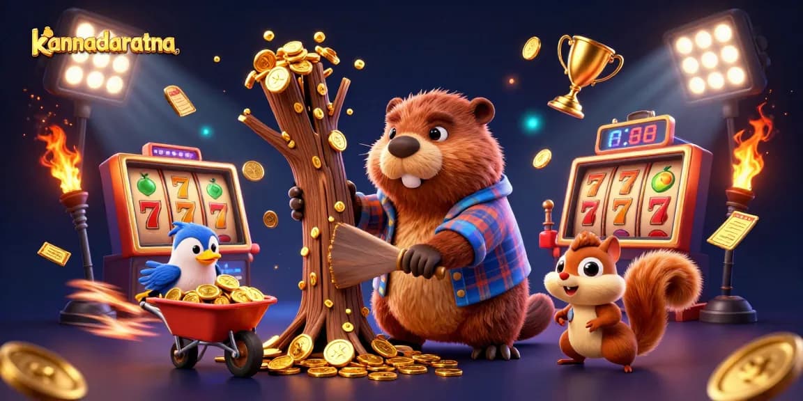 Spin the reels at kannadaratna and collect golden coins in a lively casino scene with 3D characters.