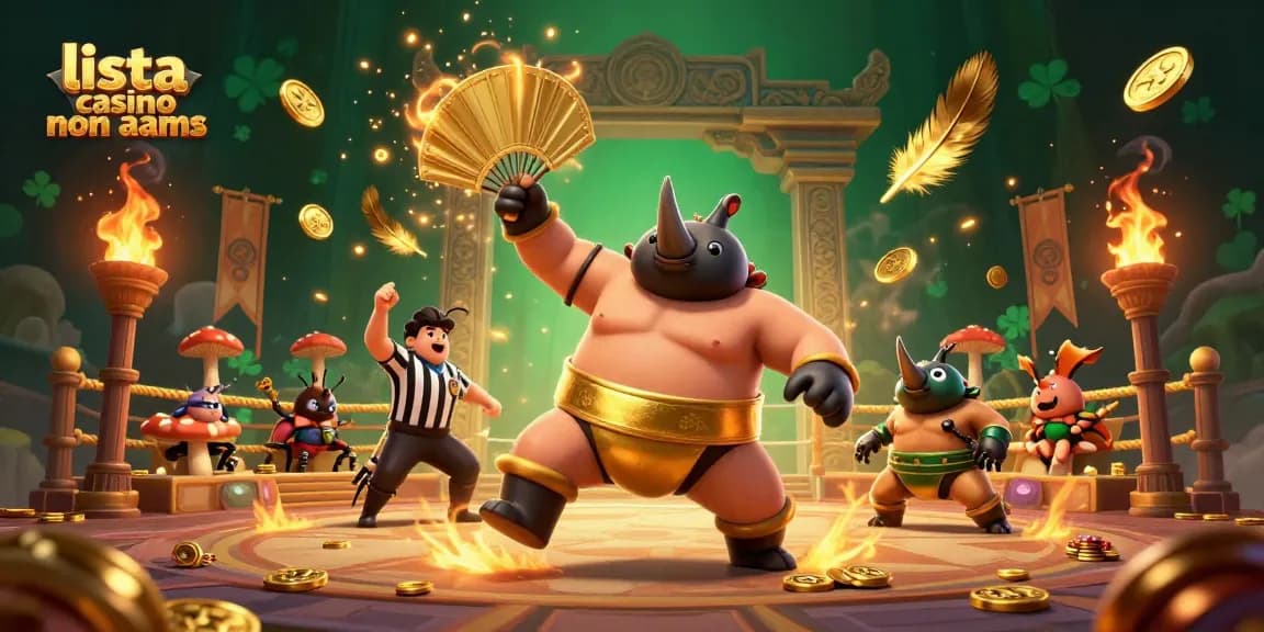 Scopri la lista casino non AAMS con un'illustrazione coinvolgente di un campione di sumo e un arbitro in un'arena di scommesse.