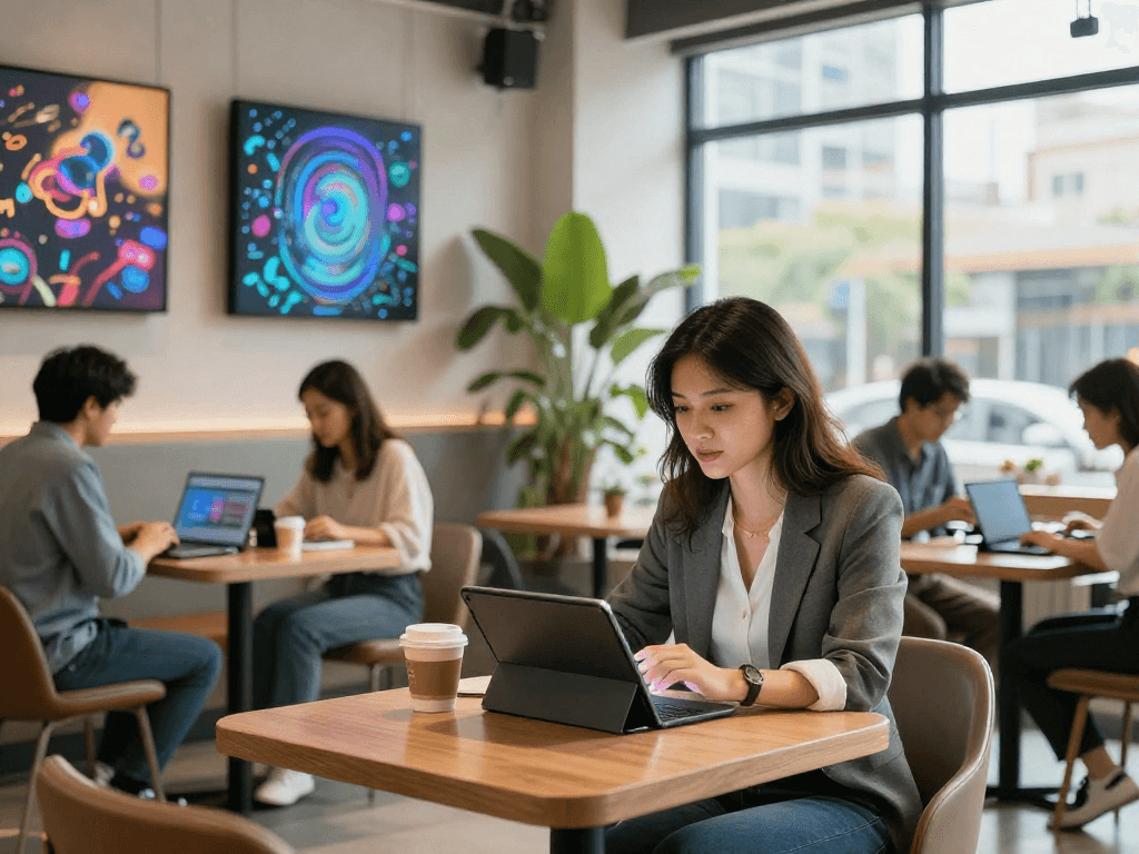 Engaging with an AI gf in a vibrant café setting, showcasing digital art and interaction.