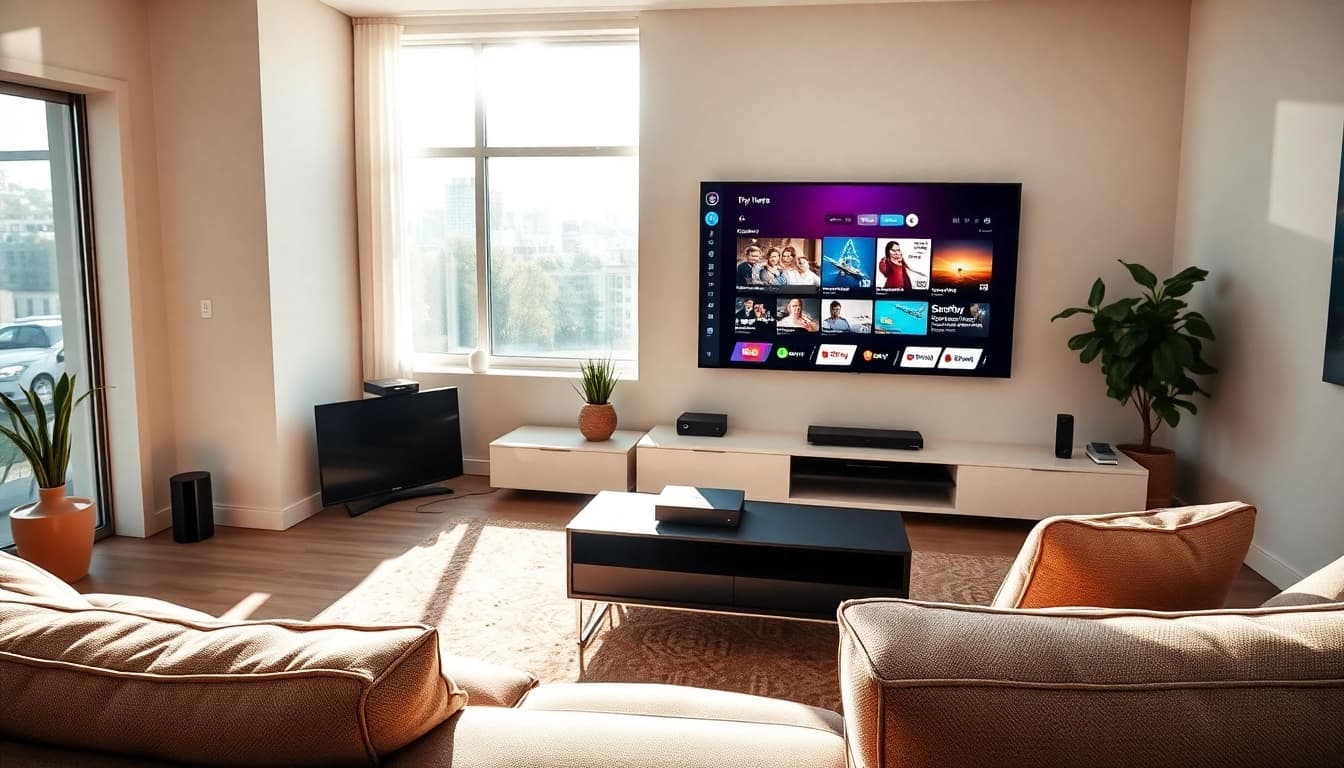 Enjoy watching iptv Canada with a professional streaming setup in a cozy modern living room.