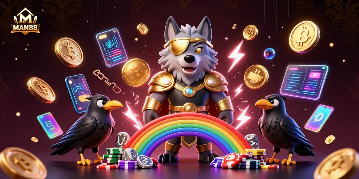 Experience the mystical world of MAN88 with Odin and his ravens at a vibrant casino.