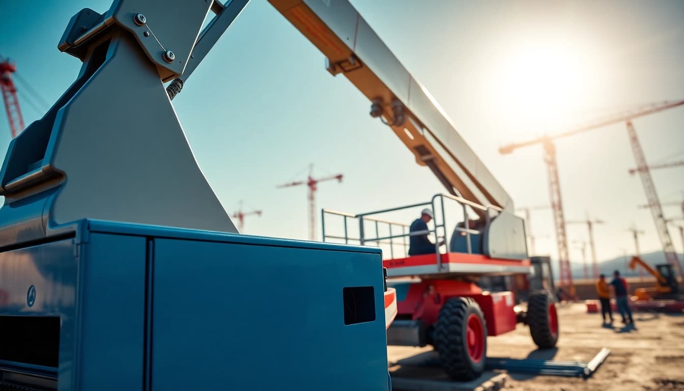 Workers operating a genie boom lift highlights safety and efficiency in construction.