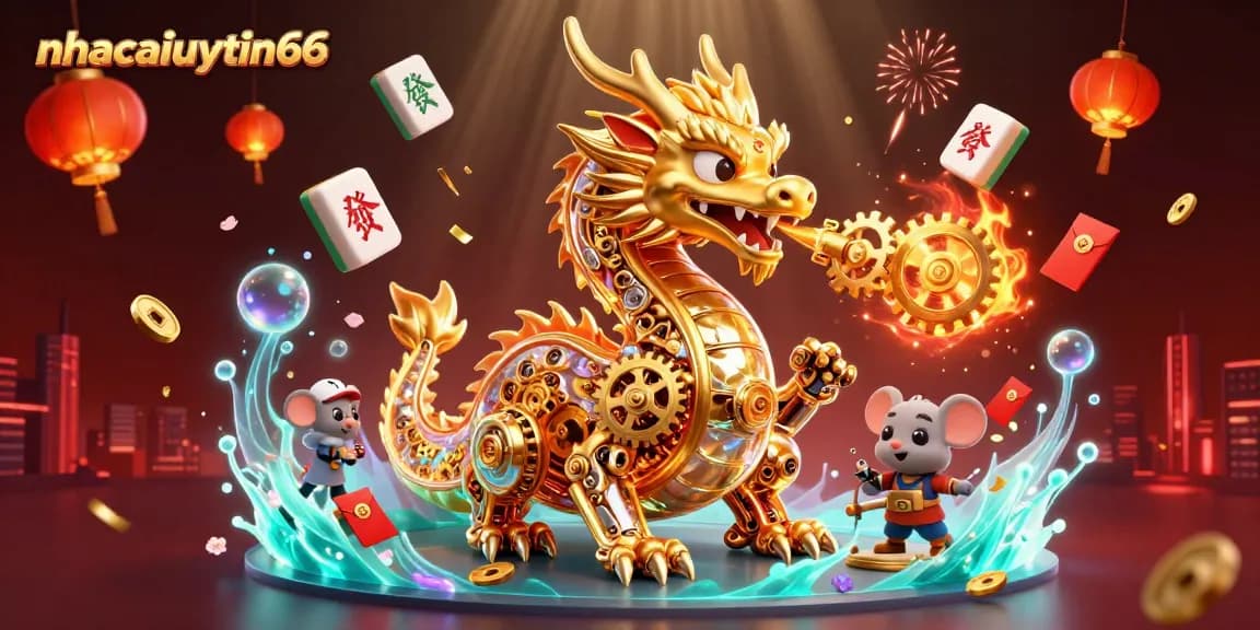 Experience exciting gameplay with nhacaiuytin66 as a golden dragon breathes golden gears in a vibrant casino world.