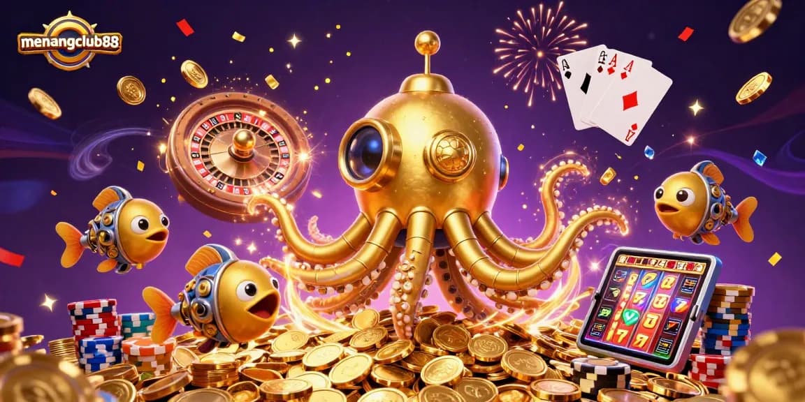 Experience exhilarating gaming at menangclub88 with a golden kraken and dynamic casino elements.