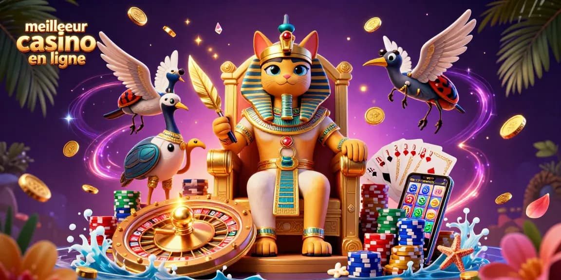 Gagnez au meilleur casino en ligne avec une illustration captivante d'un pharaon égyptien et des éléments de jeu dynamiques.
