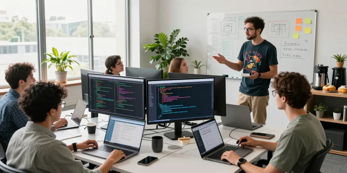 Dynamic tech workspace with developers collaborating on innovative software solutions using bdtjl methodologies.