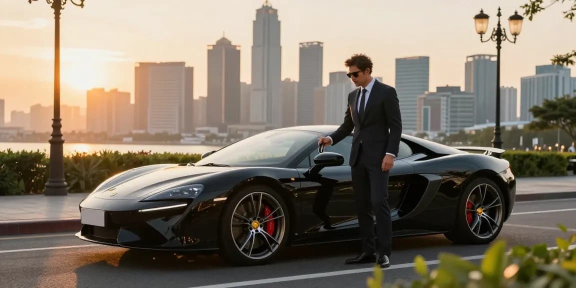 Mobil mewah LUXURY 777 di latar belakang kota, menggambarkan gaya hidup premium.
