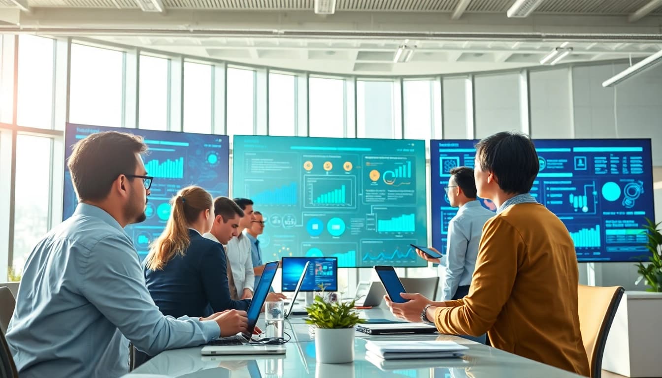 AI agents collaborating in a modern workspace, showcasing innovation and technology.