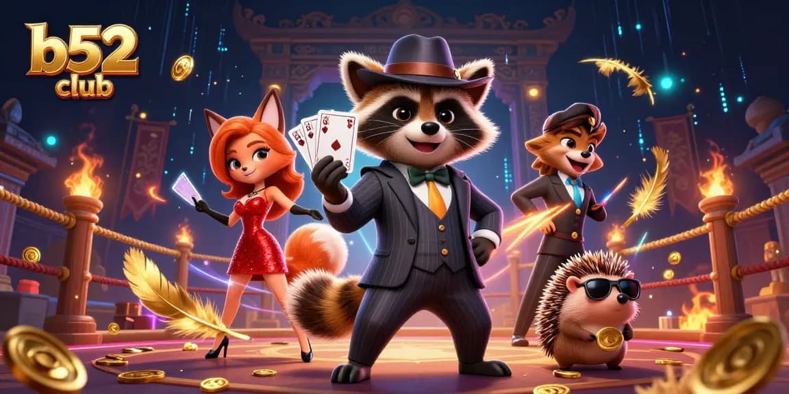 Engage in thrilling gameplay at B52 Club with a raccoon, fox, and hedgehog in vibrant casino-themed scene.