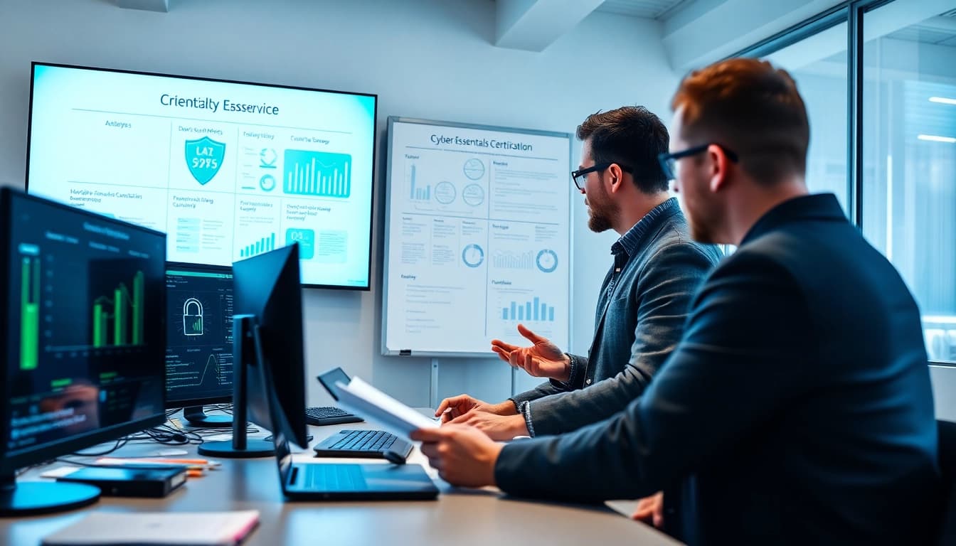 Enhance your knowledge on cyber essentials certification with a professional teamwork illustration.