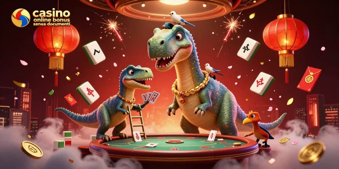 Illustrazione di un brontosauro in un casinò mentre un raptor distribuisce carte, rappresentando il casino online bonus senza documenti.