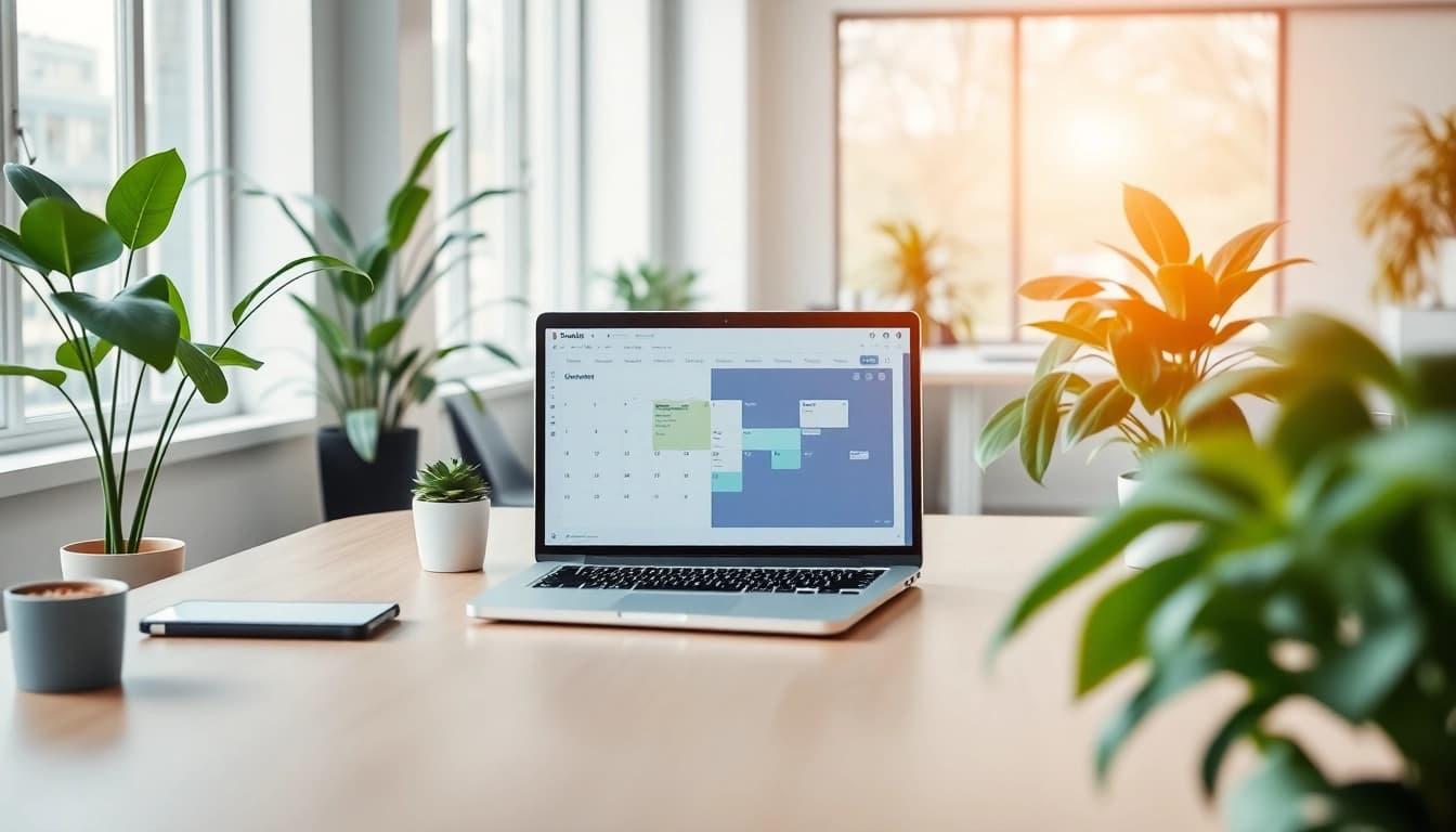 Visualize automate calendar management with a sleek workspace setting showcasing a digital calendar.