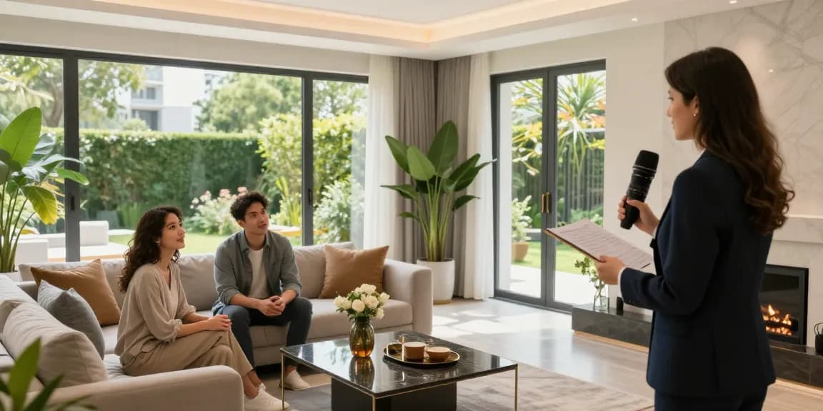 Presentación de propiedades de Woning Unie en una casa moderna con un agente inmobiliario y compradores