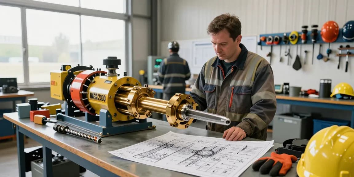 NAGA2000 gold mining tool being inspected by a technician in a bright industrial workshop